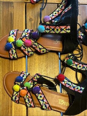 Colorful Pom Pom Gladiator Sandals - Women